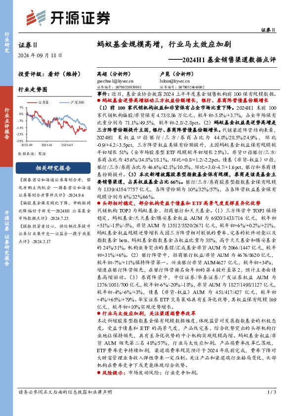2024H1基金销售渠道数据点评：蚂蚁基金规模高增，行业马太效应加剧