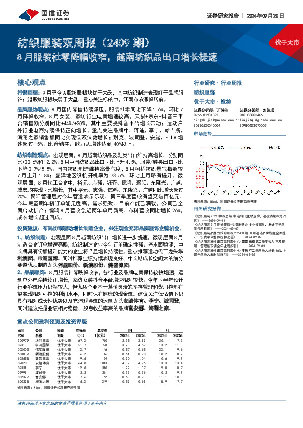 纺织服装行业双周报（2409期）：8月服装社零降幅收窄，越南纺织品出口增长提速