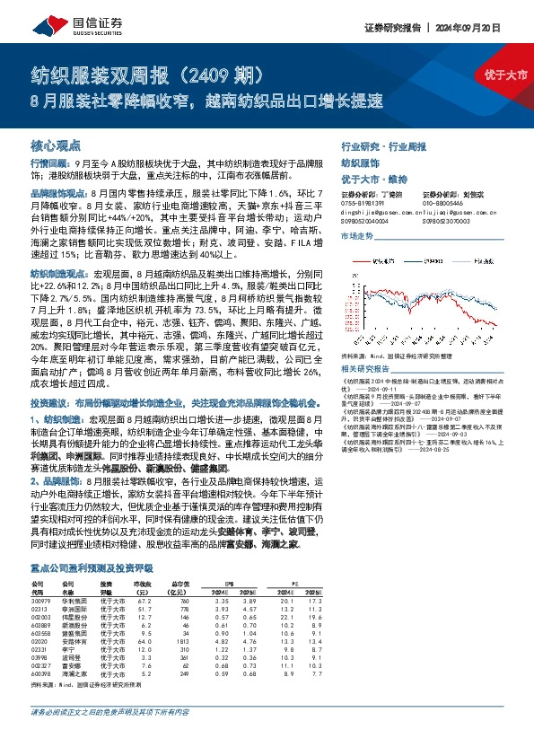 纺织服装行业双周报（2409期）：8月服装社零降幅收窄，越南纺织品出口增长提速