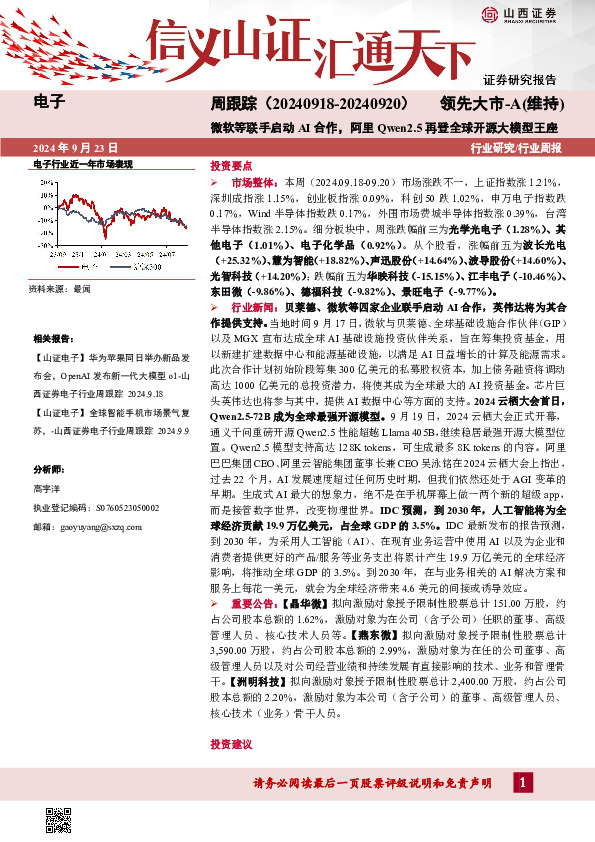 电子周跟踪：微软等联手启动AI合作，阿里Qwen2.5再登全球开源大模型王座
