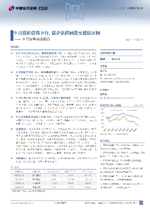 农林牧渔9月行业动态报告：9月猪价震荡下行，猪企估值回落至低位区间