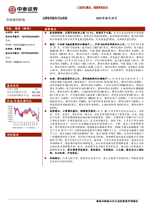 交运行业周报：三重催化叠加，继续看多航空