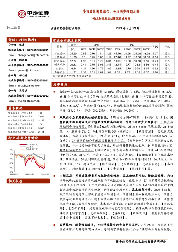 轻工制造及纺织服装行业周报：多项政策密集出台，关注消费预期反转