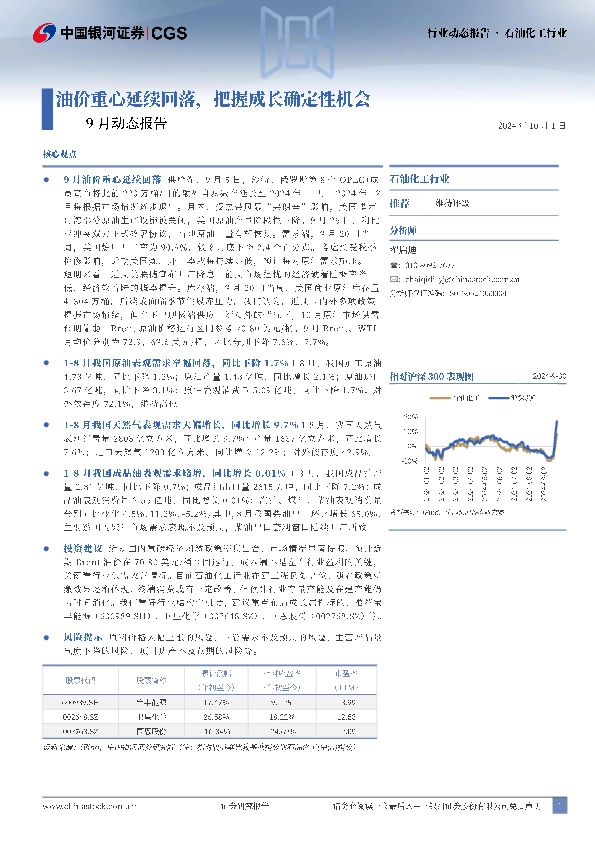 石油化工行业9月动态报告：油价重心延续回落，把握成长确定性机会