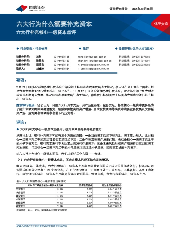 六大行补充核心一级资本点评：六大行为什么需要补充资本