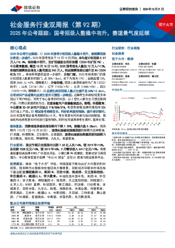 社会服务行业双周报（第92期）2025年公考跟踪：国考招录人数稳中有升，赛道景气度延续