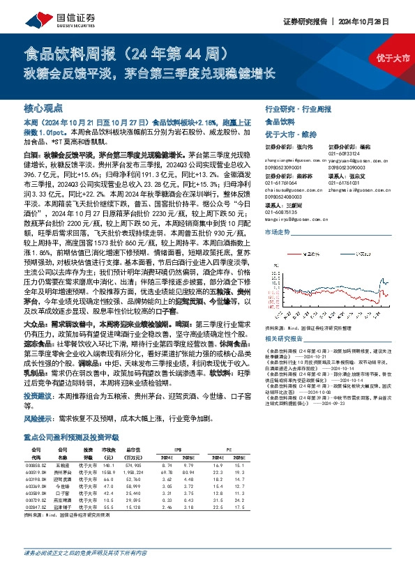 食品饮料行业周报（24年第44周）：秋糖会反馈平淡，茅台第三季度兑现稳健增长