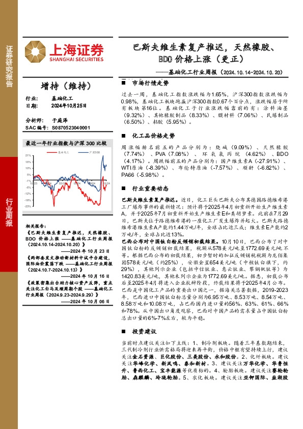 基础化工行业周报：巴斯夫维生素复产推迟，天然橡胶、BDO价格上涨（更正）