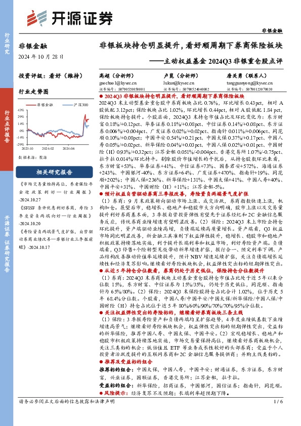 非银金融行业主动权益基金2024Q3非银重仓股点评：非银板块持仓明显提升，看好顺周期下券商保险板块