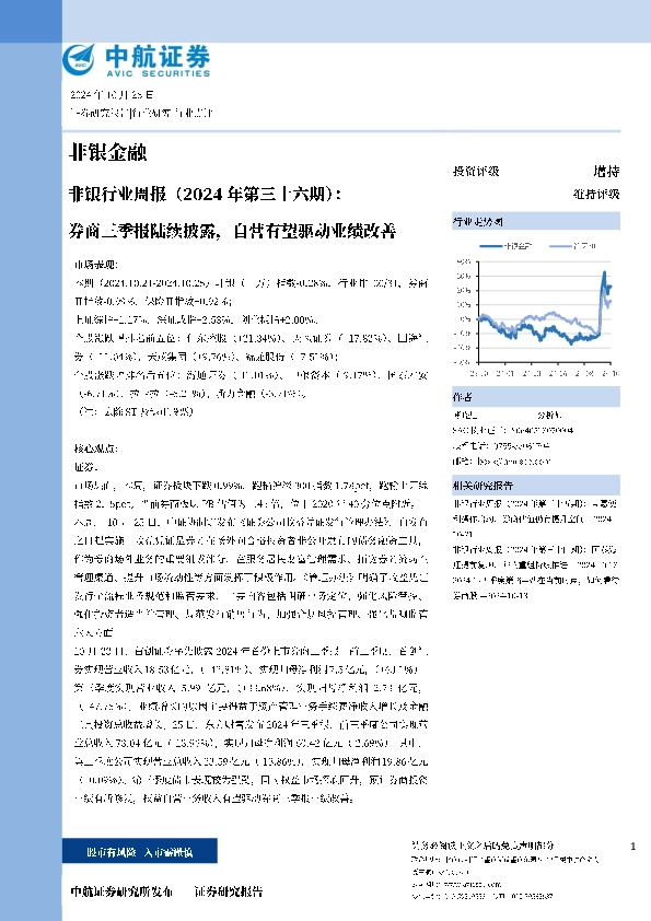 非银行业周报（2024年第三十六期）：券商三季报陆续披露，自营有望驱动业绩改善