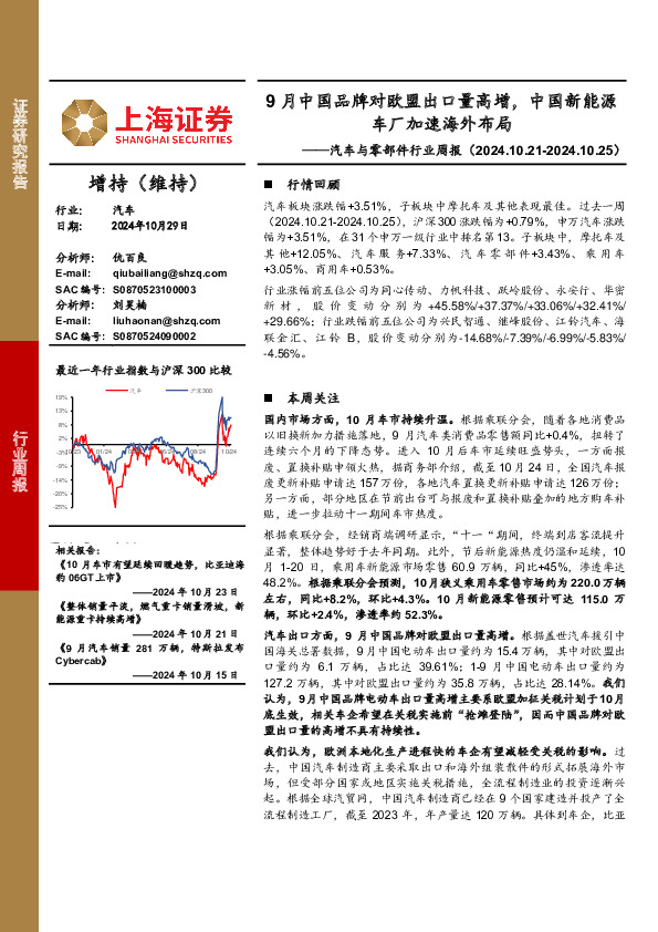 汽车与零部件行业周报：9月中国品牌对欧盟出口量高增，中国新能源车厂加速海外布局