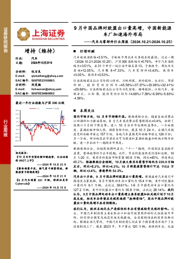 汽车与零部件行业周报：9月中国品牌对欧盟出口量高增，中国新能源车厂加速海外布局