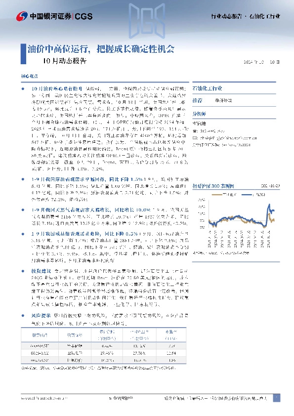 石油化工行业10月动态报告：油价中高位运行，把握成长确定性机会