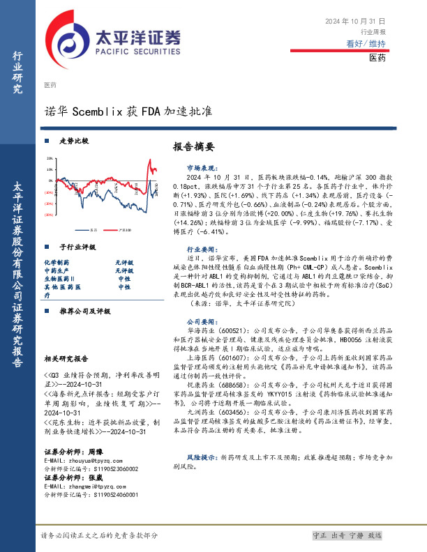 医药行业周报：诺华Scemblix获FDA加速批准