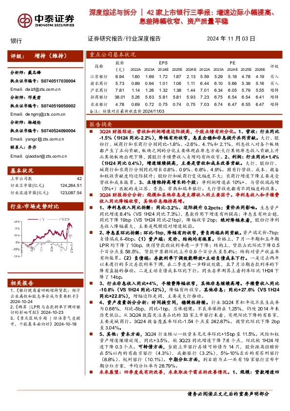 银行：深度综述与拆分｜42家上市银行三季报：增速边际小幅提高、息差降幅收窄、资产质量平稳