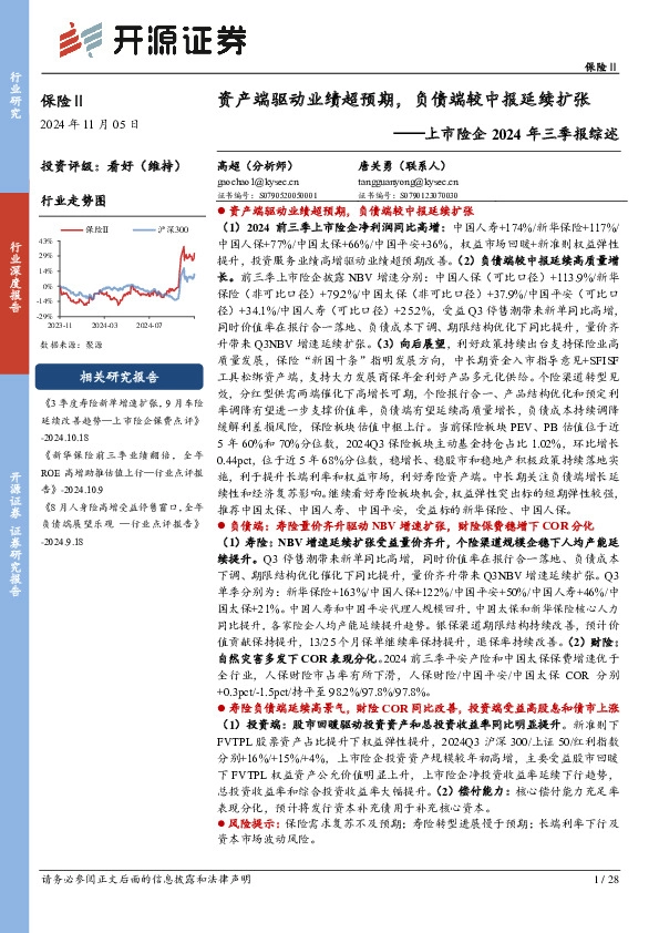上市险企2024年三季报综述：资产端驱动业绩超预期，负债端较中报延续扩张