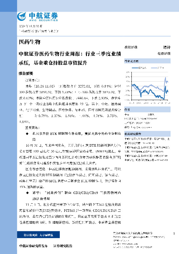 医药生物行业周报：行业三季度业绩承压，基金重仓持股总市值提升