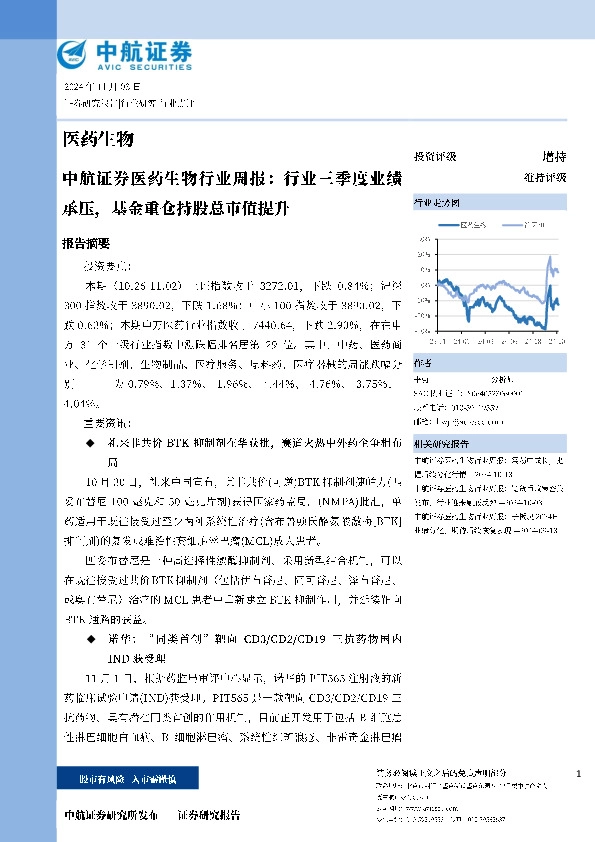 医药生物行业周报：行业三季度业绩承压，基金重仓持股总市值提升