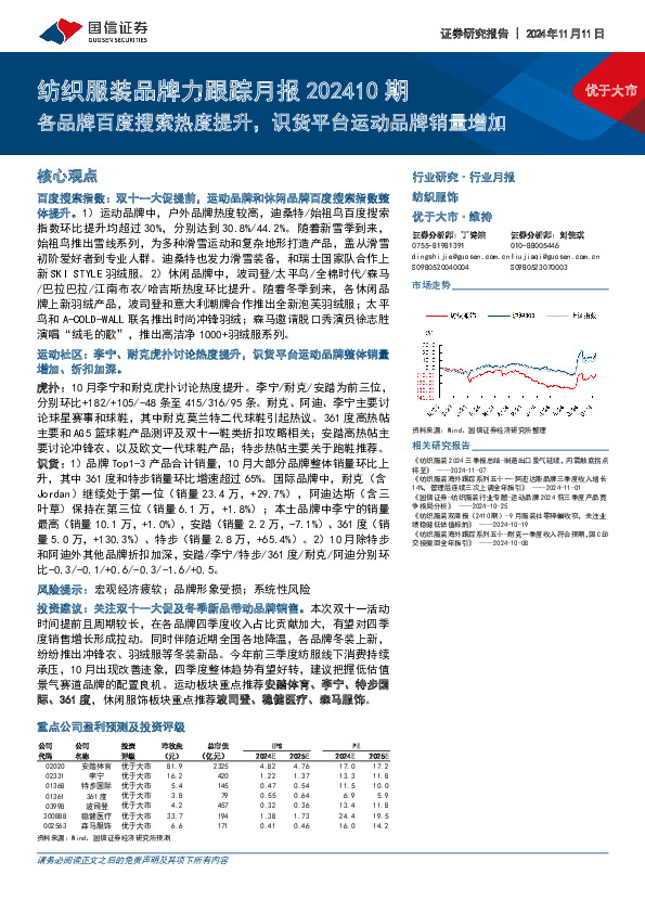 纺织服装品牌力跟踪月报202410期：各品牌百度搜索热度提升，识货平台运动品牌销量增加