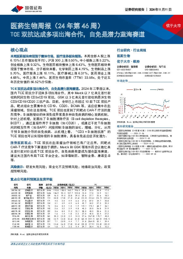 医药生物行业周报（24年第46周）：TCE双抗达成多项出海合作，自免是潜力蓝海赛道