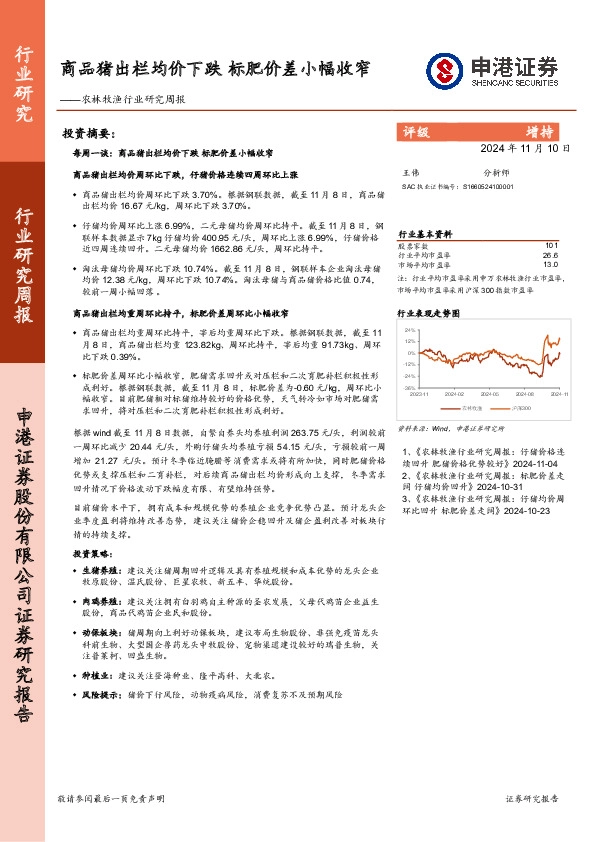 农林牧渔行业研究周报：商品猪出栏均价下跌，标肥价差小幅收窄