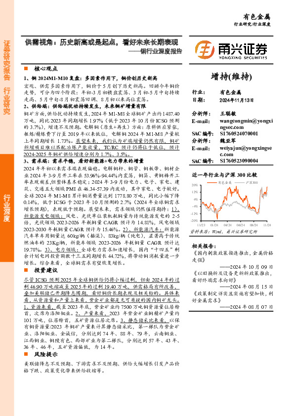 铜行业深度报告：供需视角：历史新高或是起点，看好未来长期表现