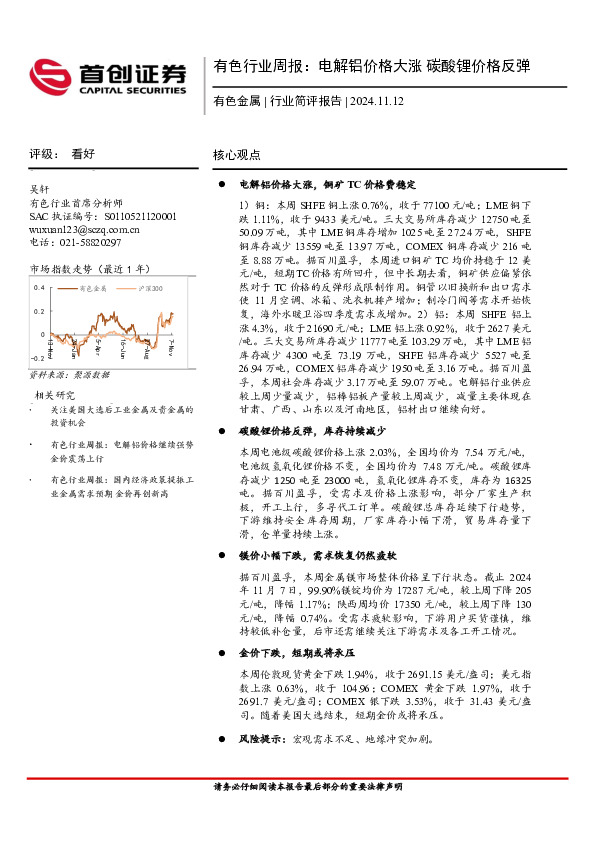 有色行业周报：电解铝价格大涨，碳酸锂价格反弹