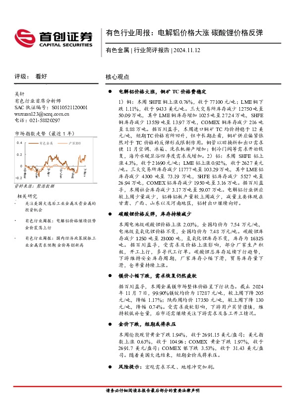 有色行业周报：电解铝价格大涨，碳酸锂价格反弹