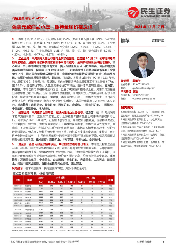 有色金属周报：强美元致商品承压，期待金属价格反弹