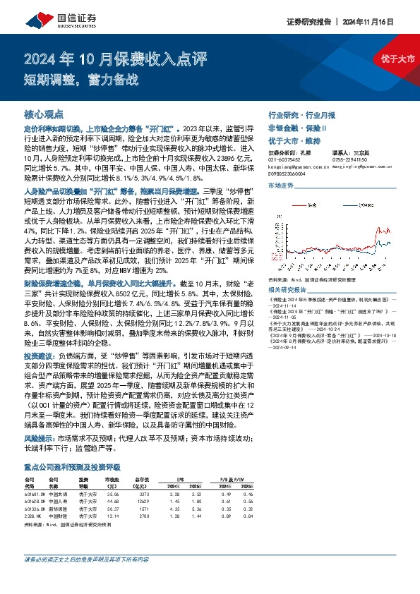 2024年10月保费收入点评：短期调整，蓄力备战