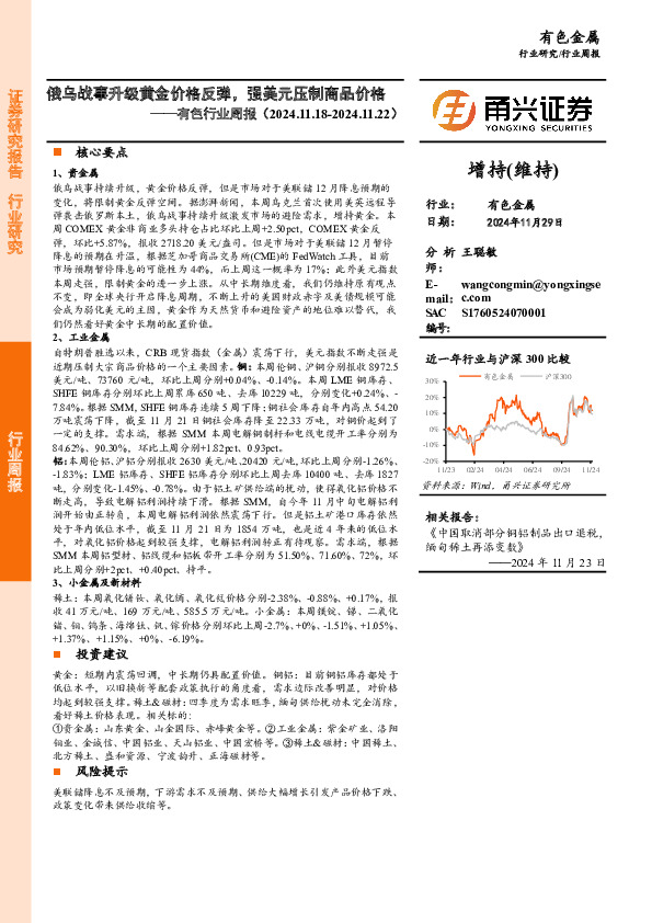 有色行业周报：俄乌战事升级黄金价格反弹，强美元压制商品价格