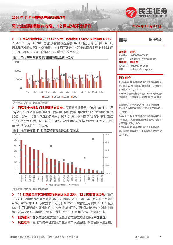 2024年11月中国房地产销售数据点评：累计业绩降幅略有收窄，12月或将环比提升