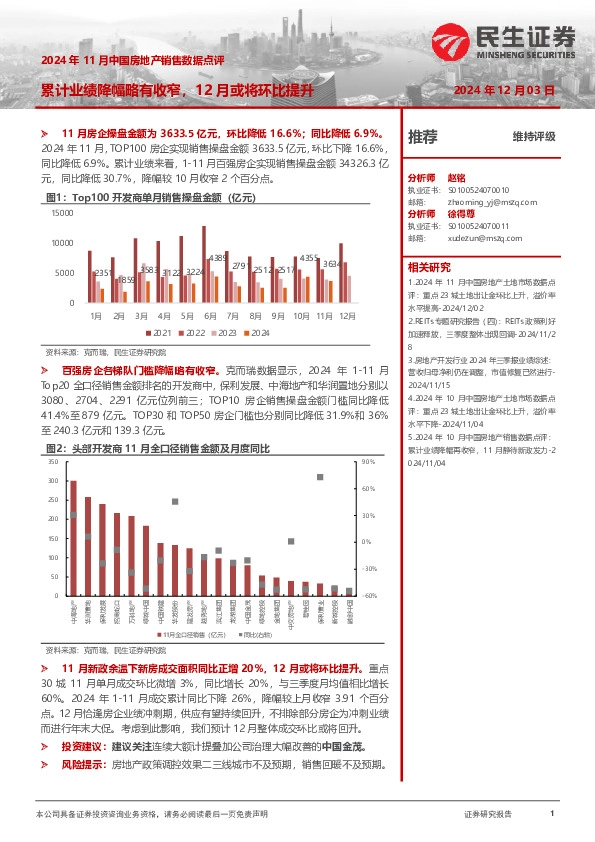 2024年11月中国房地产销售数据点评：累计业绩降幅略有收窄，12月或将环比提升