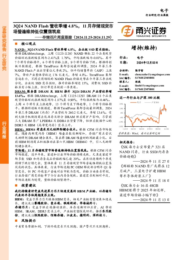 电子行业存储芯片周度跟踪：3Q24 NANDFlash营收季增4.8%，11月存储现货市场普遍维持低位震荡筑底