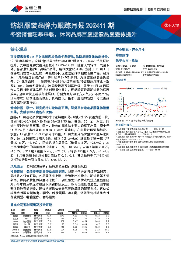 纺织服装品牌力跟踪月报202411期：冬装销售旺季来临，休闲品牌百度搜索热度整体提升