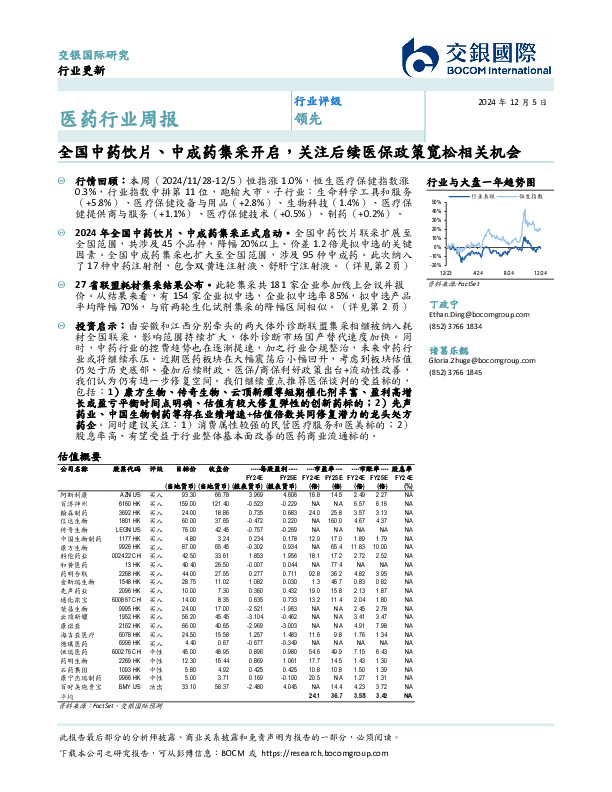 医药行业周报：全国中药饮片、中成药集采开启，关注后续医保政策宽松相关机会