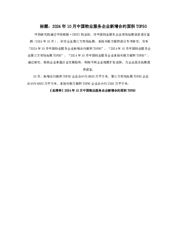 2024年10月中国物业服务企业新增合约面积TOP50