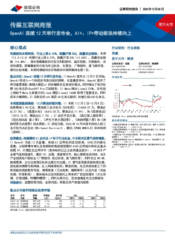 传媒互联网行业周报：OpenAI连续12天举行发布会，AI+、IP+带动板块持续向上