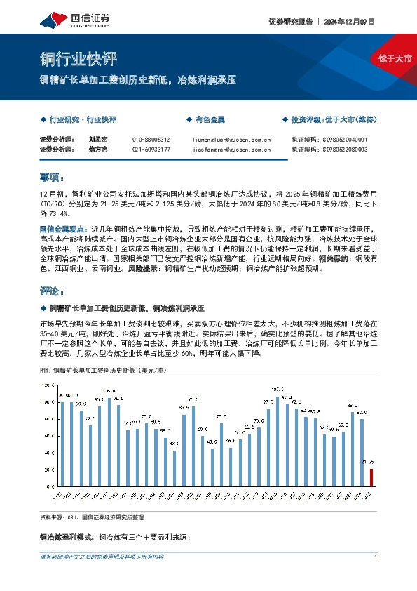 铜行业快评：铜精矿长单加工费创历史新低，冶炼利润承压