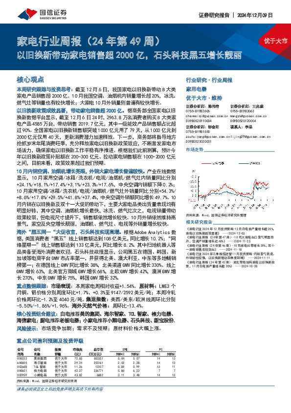 家电行业周报（24年第49周）：以旧换新带动家电销售超2000亿，石头科技黑五增长靓丽