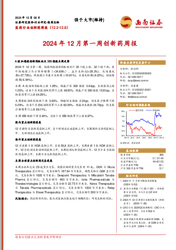 医药行业创新药周报：2024年12月第一周创新药周报