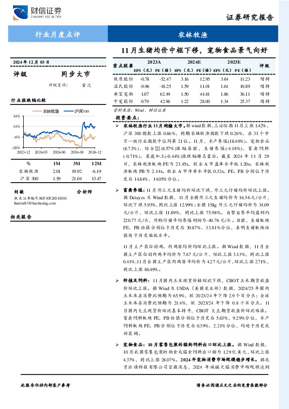 农林牧渔行业月度点评：11月生猪均价中枢下移，宠物食品景气向好
