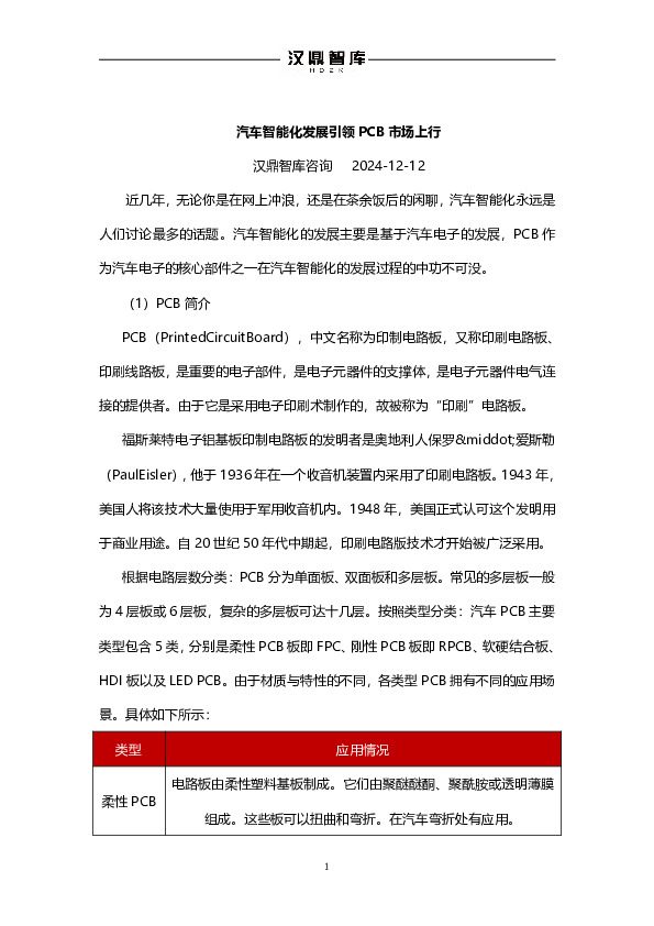 汽车智能化发展引领PCB市场上行