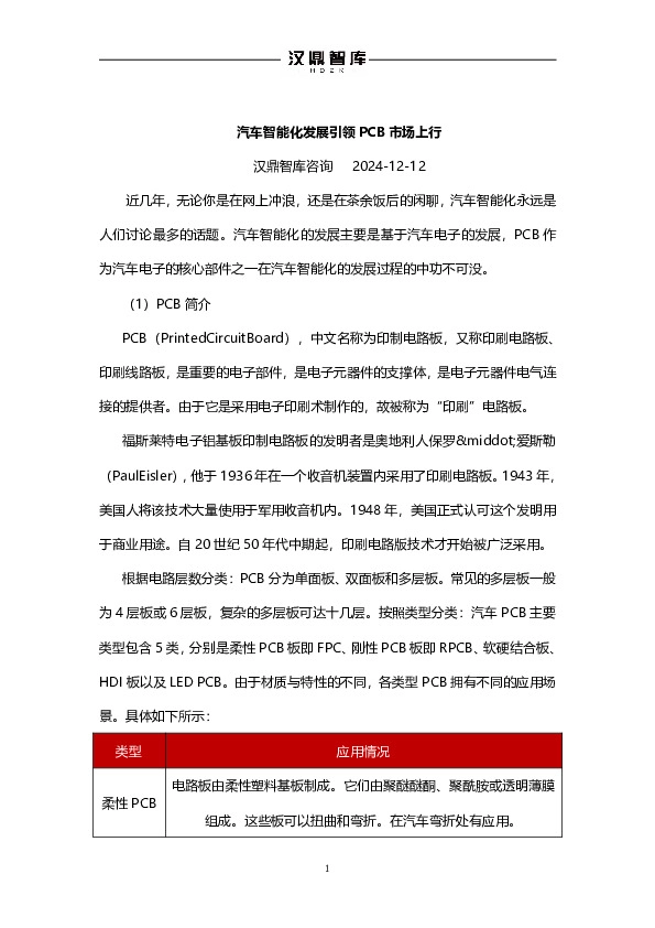 汽车智能化发展引领PCB市场上行