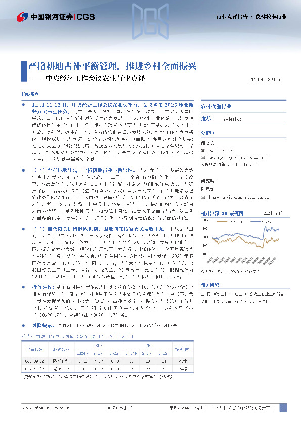 中央经济工作会议农业行业点评：严格耕地占补平衡管理，推进乡村全面振兴