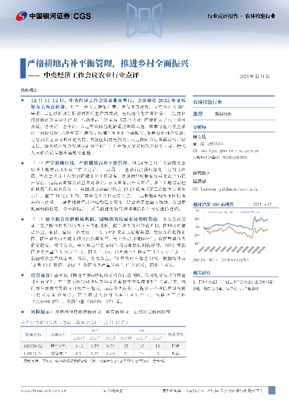 中央经济工作会议农业行业点评：严格耕地占补平衡管理，推进乡村全面振兴