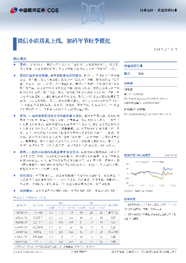 食品饮料行业点评：微信小店送礼上线，加码年节旺季催化