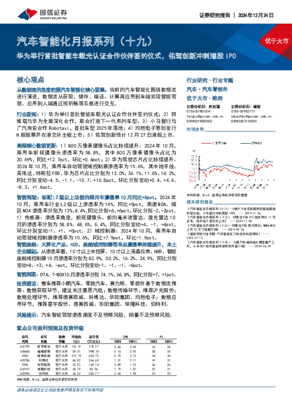 汽车智能化月报系列（十九）：华为举行首批智能车载光认证合作伙伴签约仪式，佑驾创新冲刺港股IPO