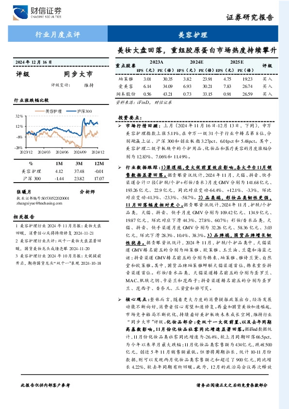 美容护理行业月度点评：美妆大盘回落，重组胶原蛋白市场热度持续攀升