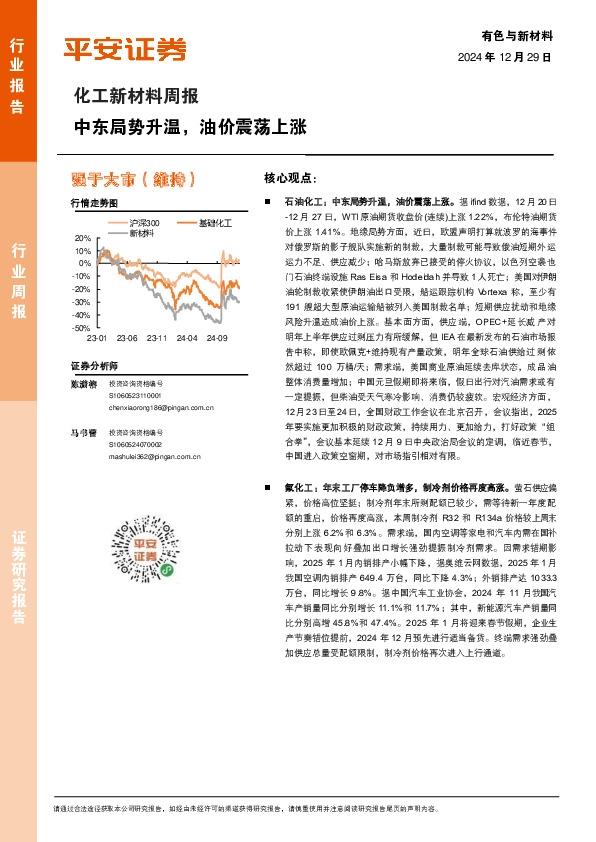 化工新材料行业周报：中东局势升温，油价震荡上涨